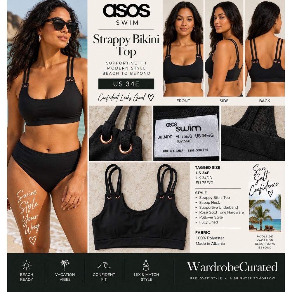ASOS Swim Strappy Bikini Top Black Cage Sports Bra Style US 34E UK 34DD